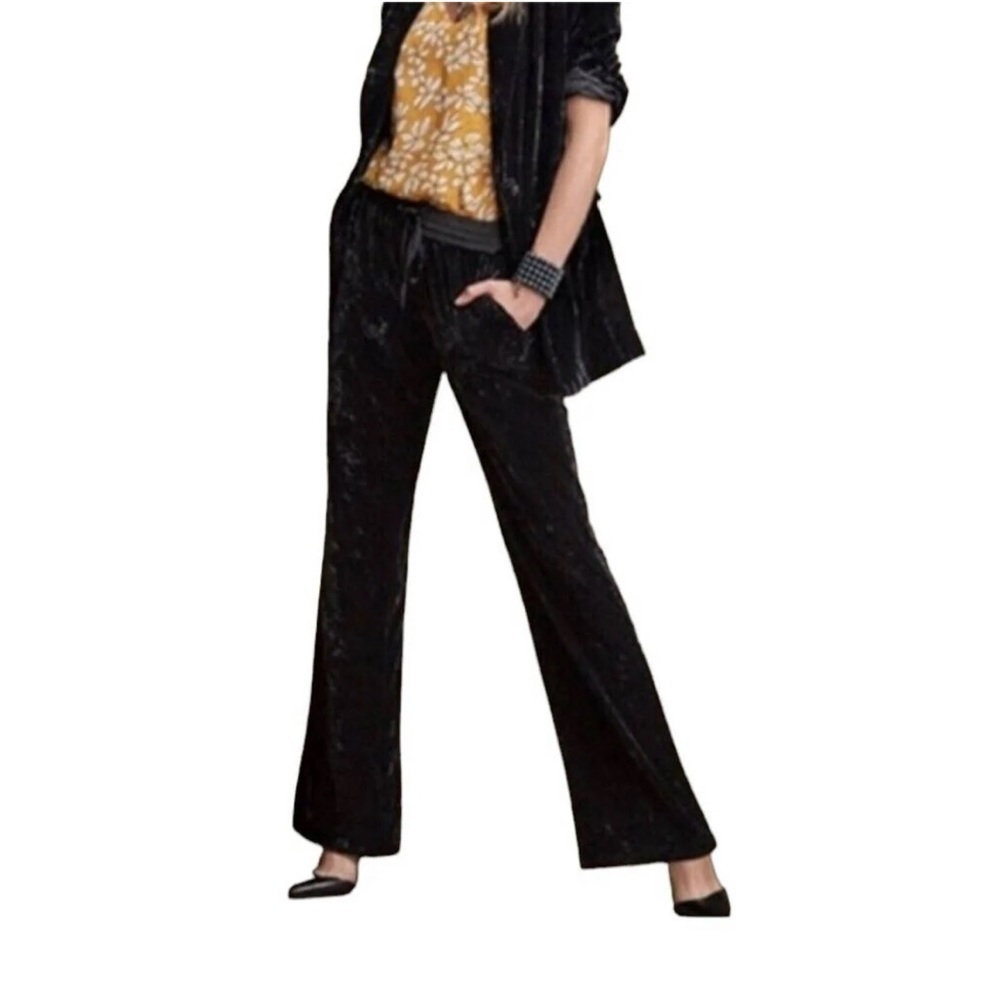 CAbi Velour Crushed Velvet Wide Leg Elastic Waist Dress Pants Black Size Small